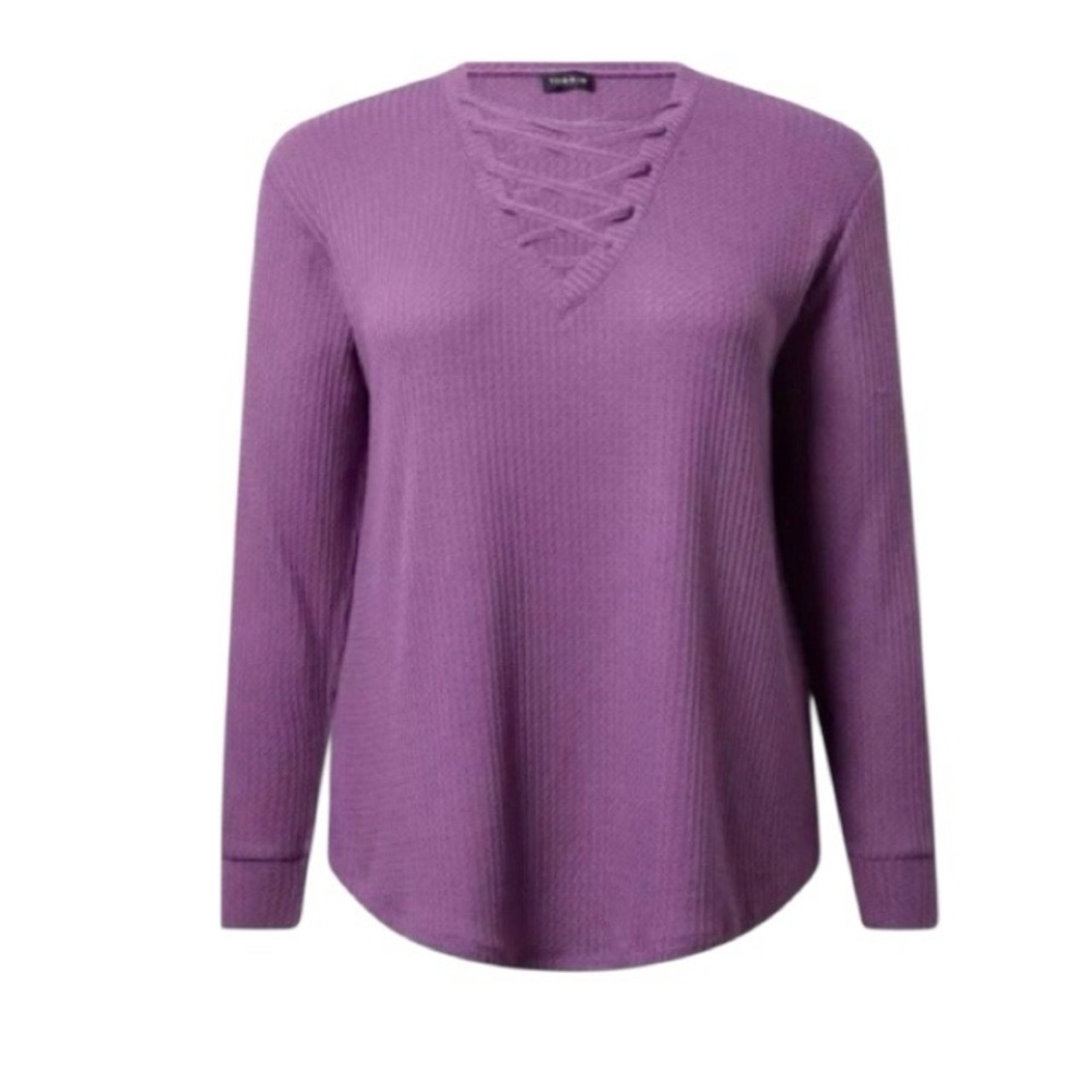 Torrid‎ Waffle Knit Lace Up V Neck Long Sleeve Top In Concord Grape NWT - Picture 2 of 9
